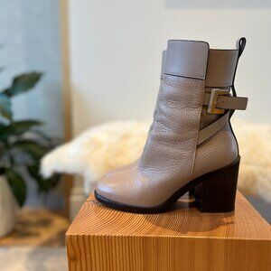 Stuart Weitzman Taupe Leather Block Heel Ankle Boots